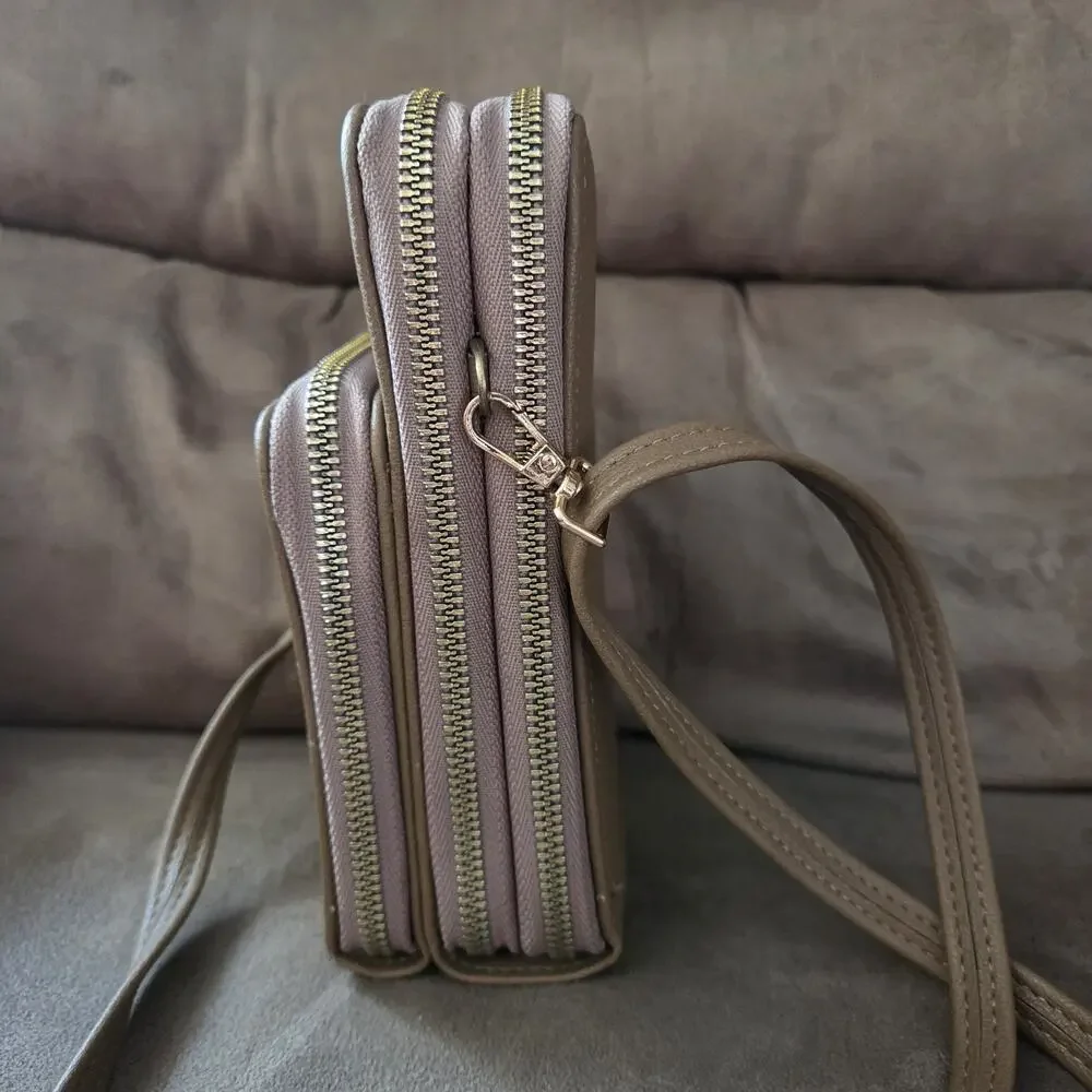 Tan Women’s Crossbody Bag Double Zip Gold Hardware Bee Emblem Detach Strap
